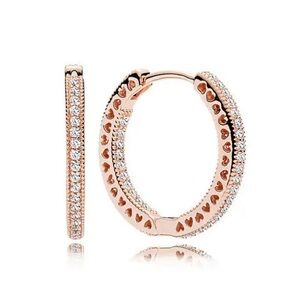 NWOT 14k Rose Gold-plated Sparkle and Hearts Hoop Earrings Sterling Silver 925